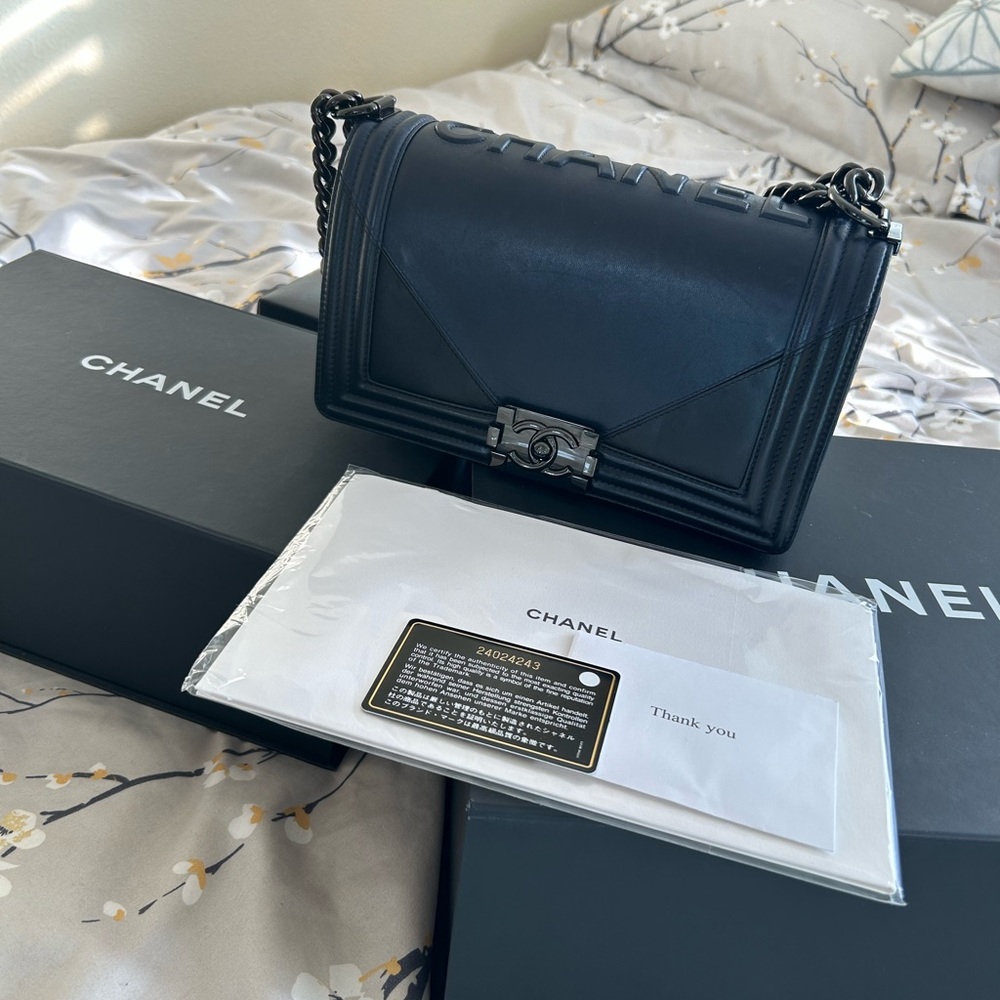Chanel Medium Boy Bag Black and Navy Chanel embossed